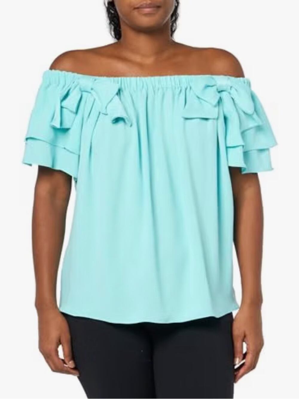 Trina Turk Off-Shoulder Ruffle Tunic - Aqua Blue size Small